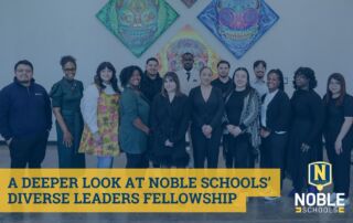 In this graphic, there is an image in the background of the 5th cohort of Noble Schools' Diverse Leaders Fellowship program posing for a group photo after their graduation ceremony. On top of that photo is a dark blue transparent layer. On top of that and in the bottom left corner is a yellow box with blue text on it that reads "A Deeper Look at Noble Schools' Diverse Leaders Fellowship". The Noble Schools logo is in the bottom right corner.