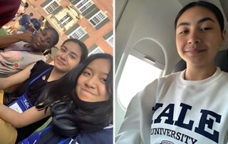 This image is a collage of two photos of Abigail F on her Summer Of A Lifetime trip to Yale University. The leftmost image shows a selfie of her with two friends she made in the program, sitting outside on campus. The rightmost photo shows her sitting on a plane wearing a Yale University sweatshirt.